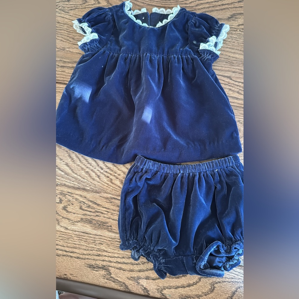 Navy Blue Velvet Baby Dress and Bloomers Set